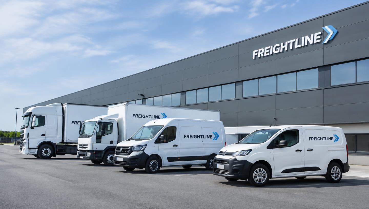 Frota de veículos comerciais estacionada em pátio de empresa