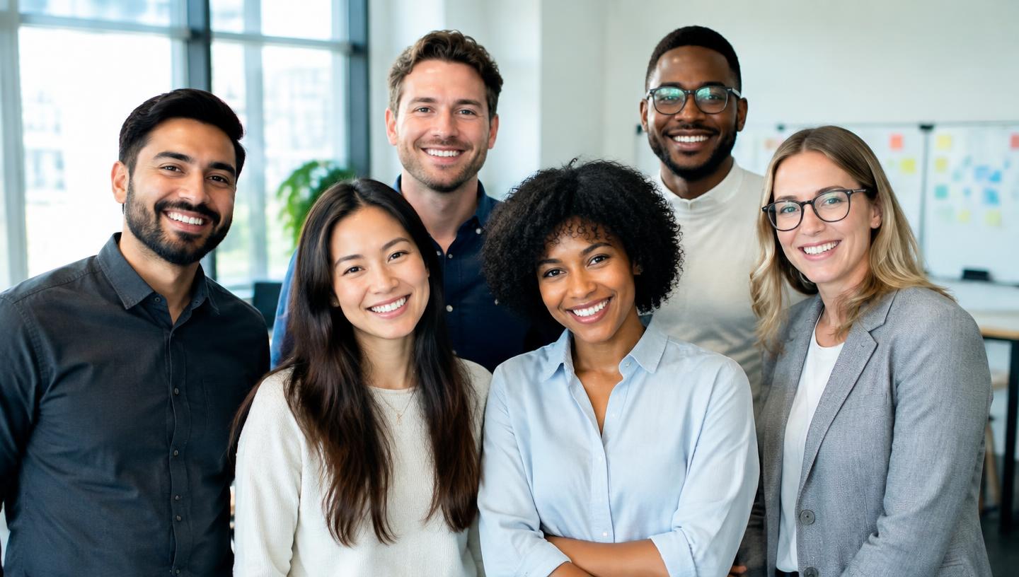 Equipe de colaboradores reunida e sorrindo no ambiente de trabalho
